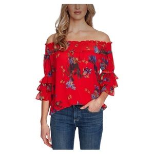CeCe off the shoulder fiery red floral top with ruffled sleeves size sma…